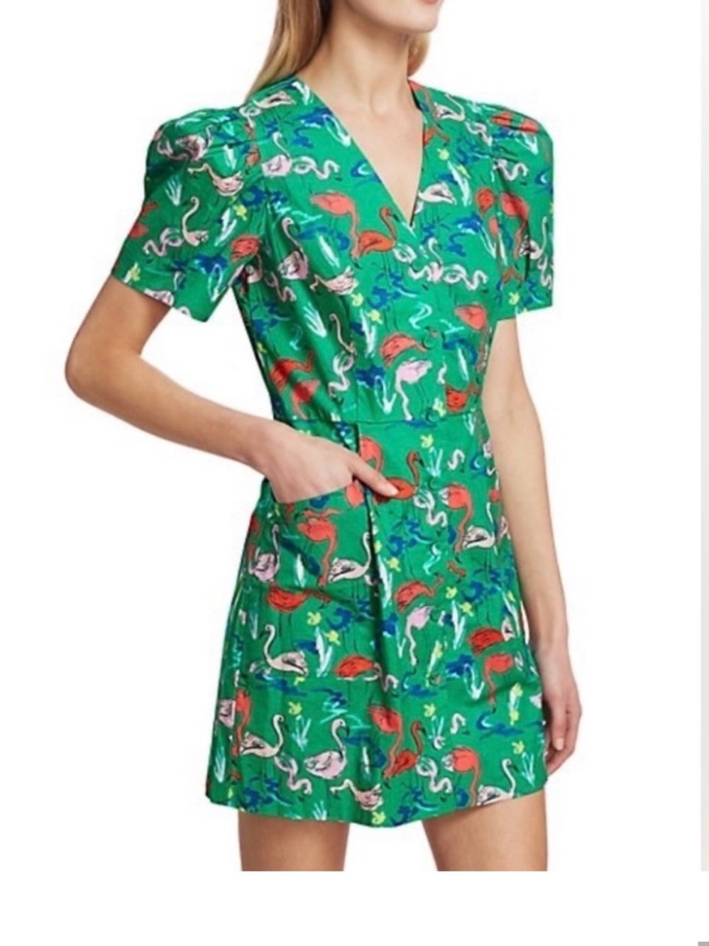 Tanya Taylor Green Flamingo-Print V-Neck Mini Dress